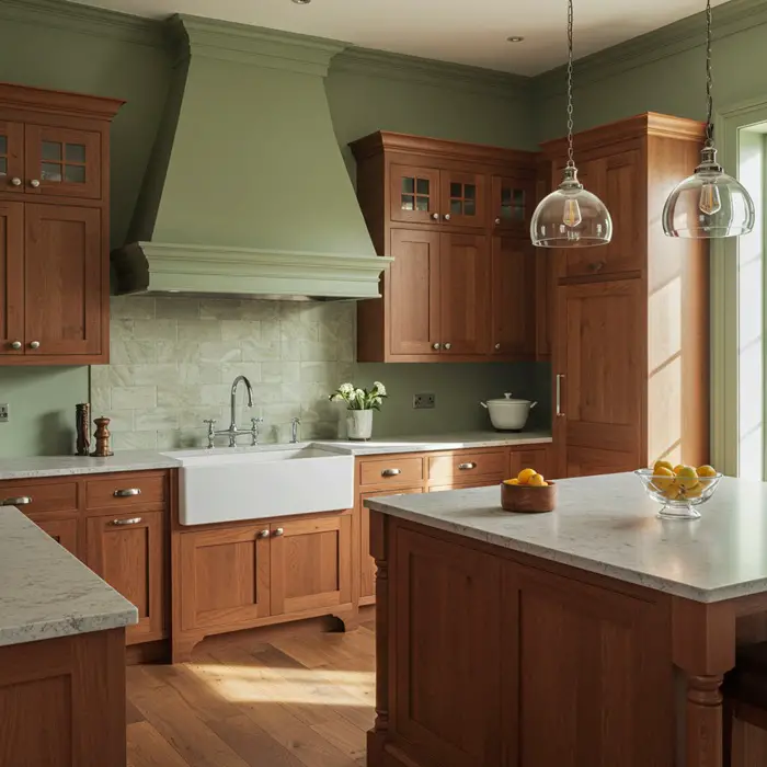 kitchen with sage green walls and cherry wood cabinets