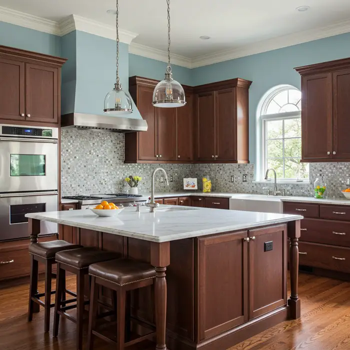 kitchen with blue walls and dark cherry wood cabinets